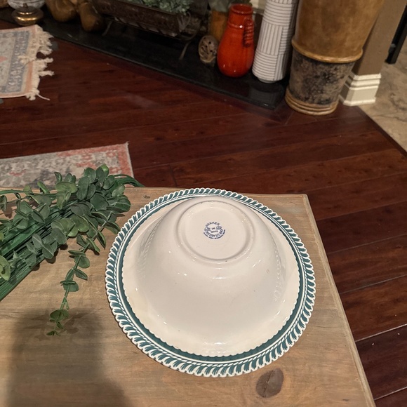 Harkerware Corinthian Dinner Plate 10.25” & 9” Bowl.Teal White Detail Rim - Picture 2 of 5